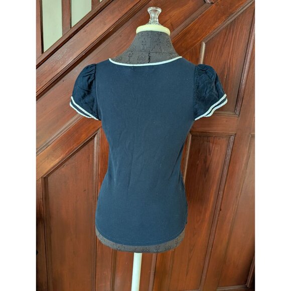 Lauren Ralph Lauren Navy Puff Sleeve Ribbed Knit Top Size M - Picture 2 of 6
